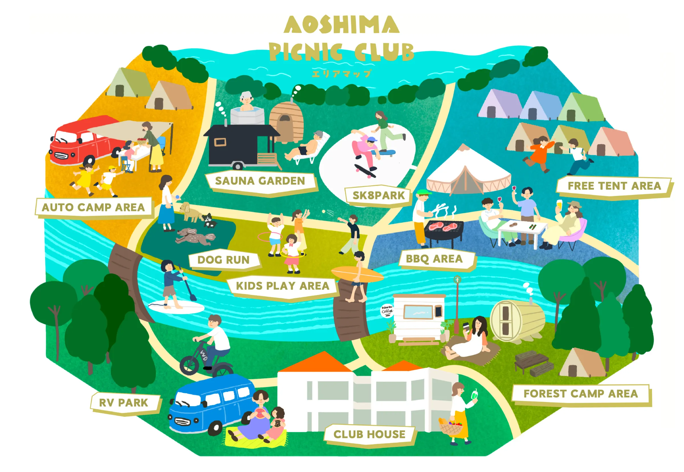 AOSHIMA PICNIC CLUB 全体図(AUTO CAMP AREA は知福川をはさんだ海側)